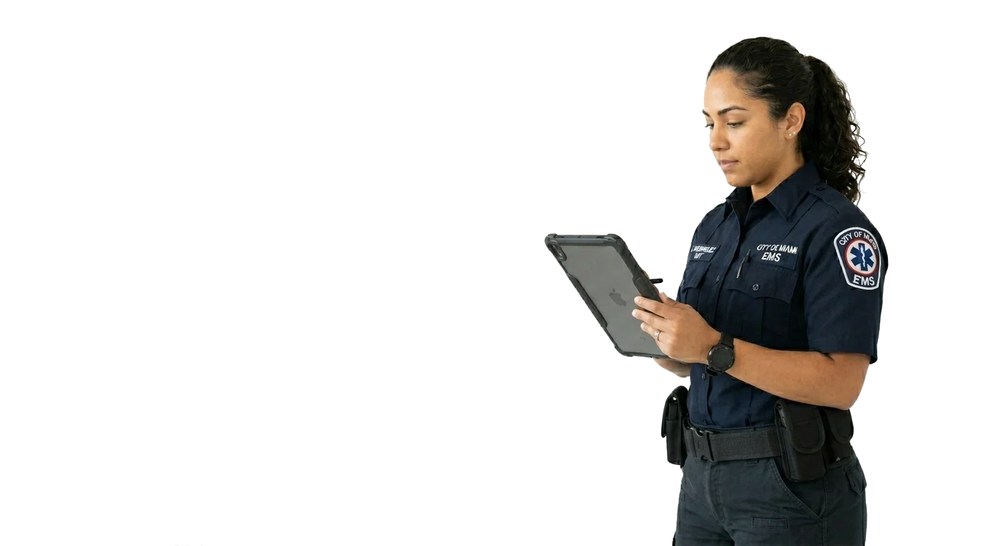 EMS worker documenting a medication action on a tablet