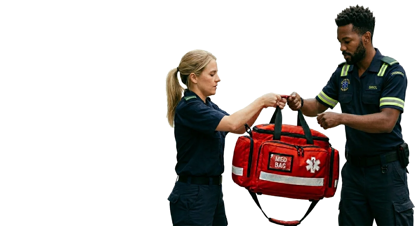 Two EMTs transferring a red medical bag